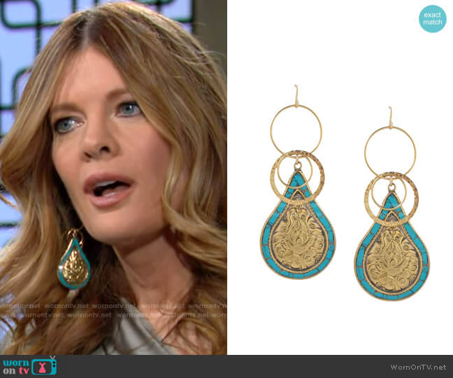 Devon Leigh Turquoise and Brass Ethnic Earrings worn by Phyllis Summers (Michelle Stafford) on The Young and the Restless