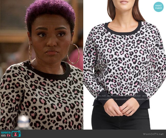 DKNY Leopard Print Crewneck Sweater worn by Jocelyn (Lauren Lolo Spencer) on The Sex Lives of College Girls
