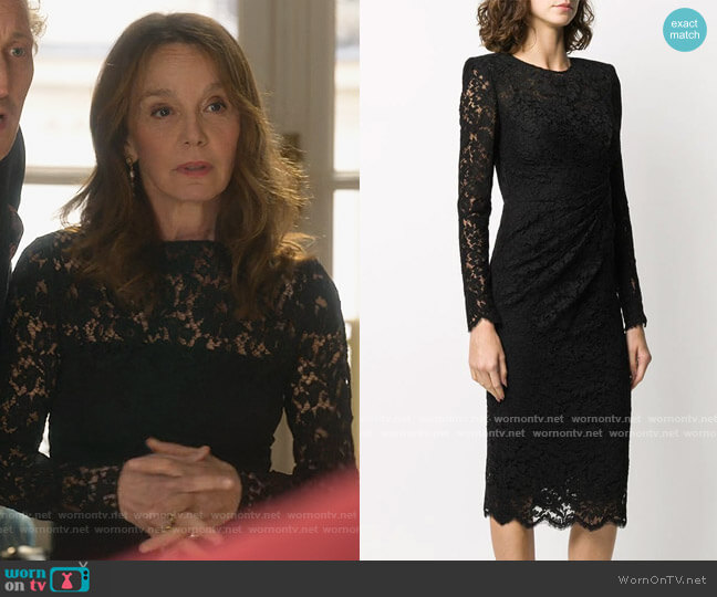 Dolce and Gabbana Ruched Lace Midi Dress worn by Sylvie (Philippine Leroy-Beaulieu) on Emily in Paris