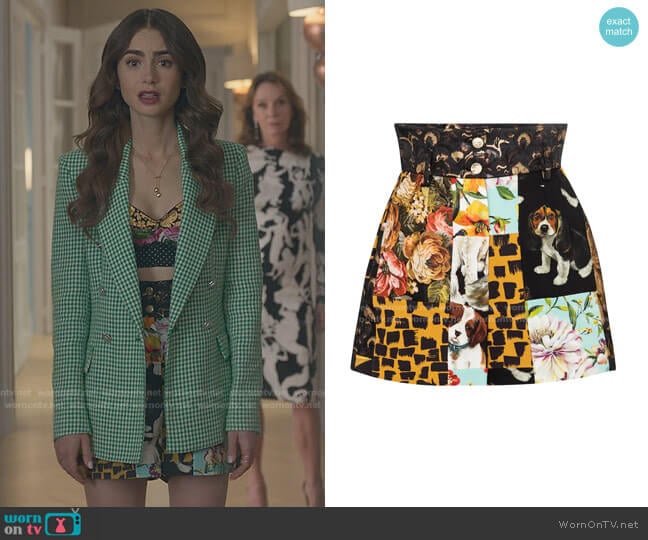 Dolce & Gabbana High-Rise Patchwork Jacquard Shorts worn by Emily Cooper (Lily Collins) on Emily in Paris