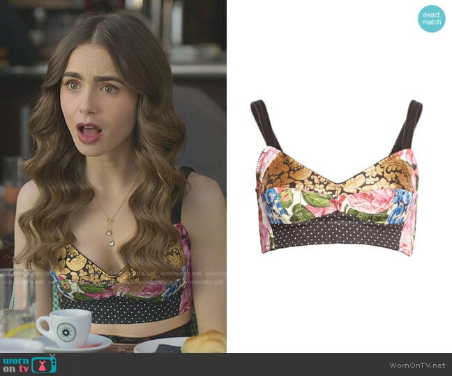 Dolce & Gabbana Patchwork Brocade Bustier Crop Top worn by Emily Cooper (Lily Collins) on Emily in Paris