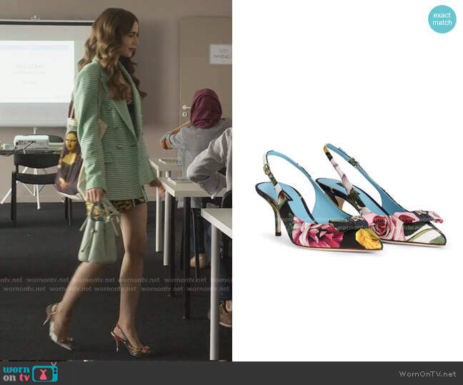 Dolce & Gabbana Floral Print Slingback Pumps worn by Emily Cooper (Lily Collins) on Emily in Paris