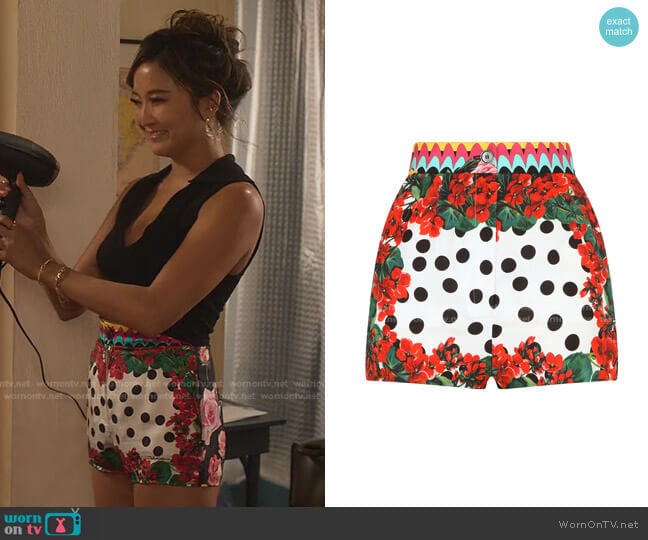 Dolce & Gabbana Mix-Print Silk Shorts worn by Mindy Chen (Ashley Park) on Emily in Paris