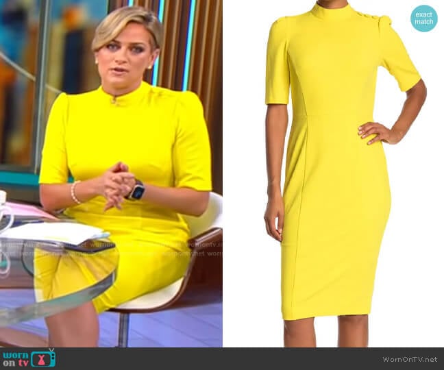 Donna Morgan Stretch Crepe Mock Neck Button Dress worn by Jamie Yuccas on CBS Mornings