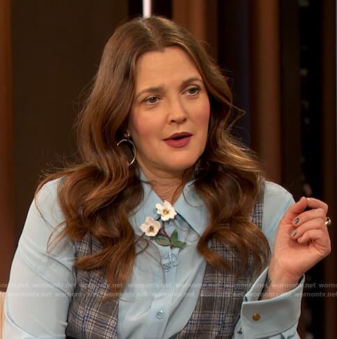 Drew’s light blue button down blouse on The Drew Barrymore Show