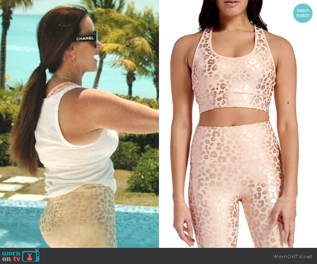 Electric Yoga Independence Leopard Design Sports Bra worn by Kyle Richards on The Real Housewives Ultimate Girls Trip