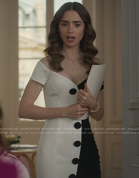 Emily’s black and white contrast dress on Emily in Paris