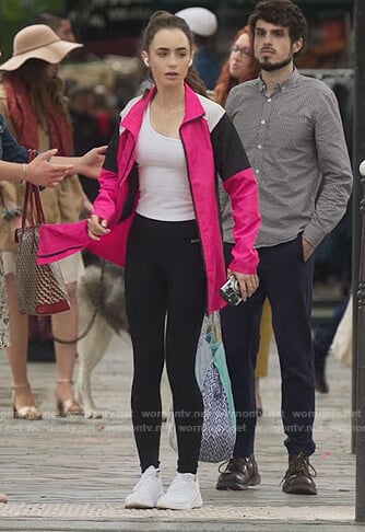 Emily’s pink track jacket and leggings on Emily in Paris
