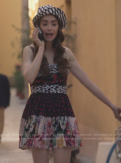 Emily’s patchwork floral dress on Emily in Paris