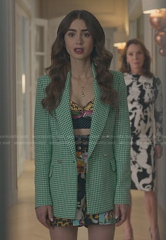 Emily’s green check blazer and patchwork skirt on Emily in Paris