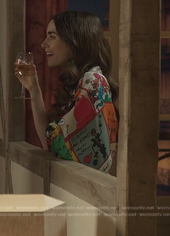 Emily’s printed pajama robe on Emily in Paris