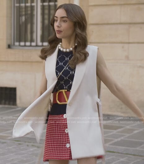 Emily blue bow print vest on Emily in Paris