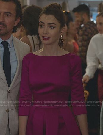 Emily’s purple three quarter sleeve flare dress on Emily in Paris