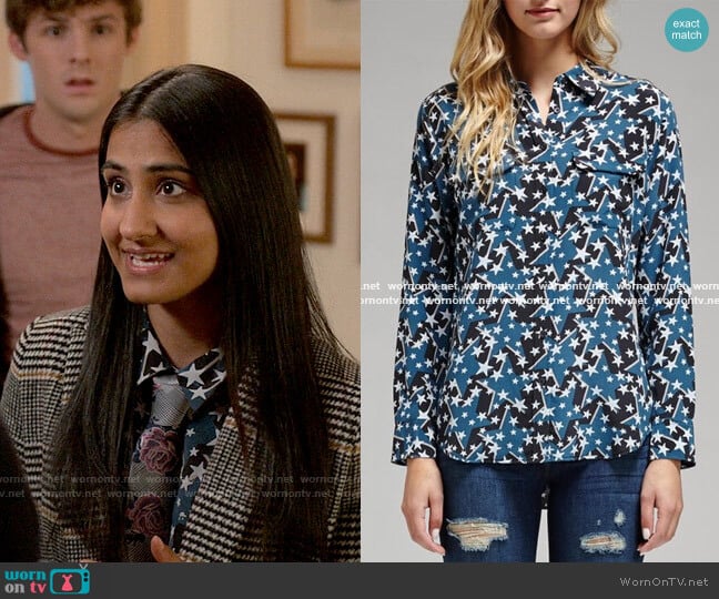 Equipment Star Print Slim Signature Silk Shirt worn by Bela Malhotra (Amrit Kaur) on The Sex Lives of College Girls
