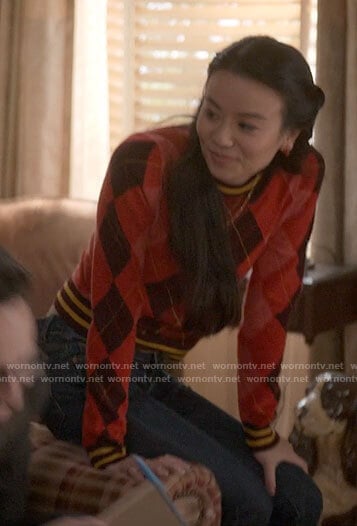 Evangeline’s red argyle sweater on The Sex Lives of College Girls