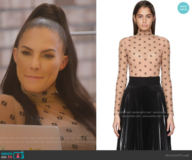 Fendi Beige Mesh karligraphy bodysuit worn by Amanza Smith on Selling Sunset