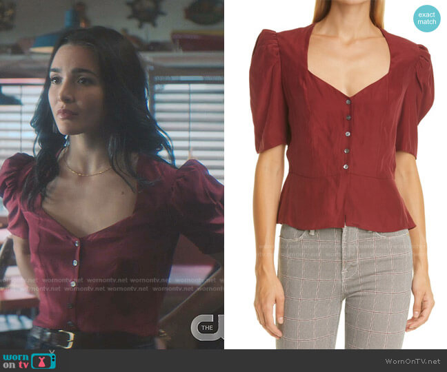 Frame Shirred Silk Peplum Blouse worn by Bess (Maddison Jaizani) on Nancy Drew