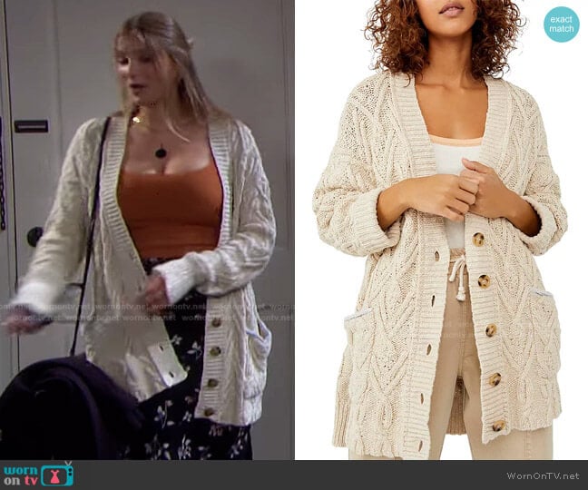 Free People Montana Cable Knit Cardigan worn by Alice Caroline Horton (Lindsay Arnold) on Days of our Lives
