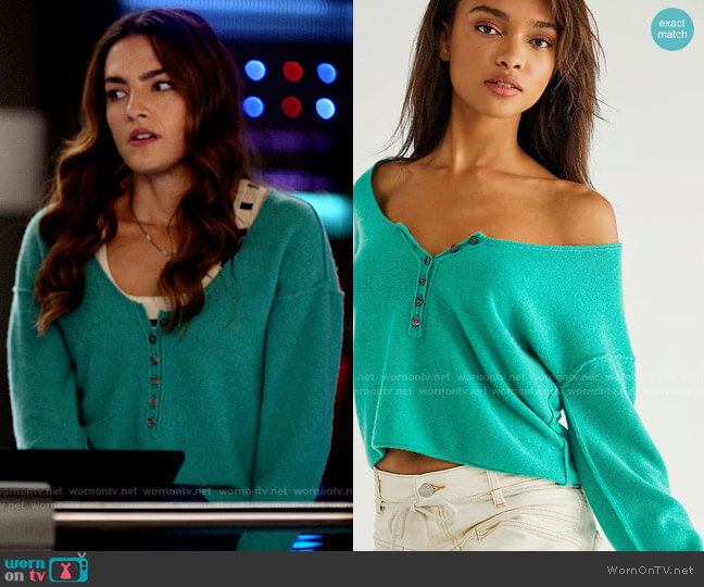 Free People Nimbus Cashmere Henley in Vert De Mer worn by Allegra Garcia (Kayla Compton) on The Flash