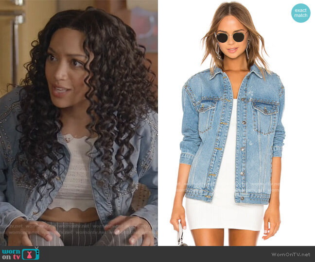 Free People Studded Denim Trucker Jacket worn by Olivia Baker (Samantha Logan) on All American
