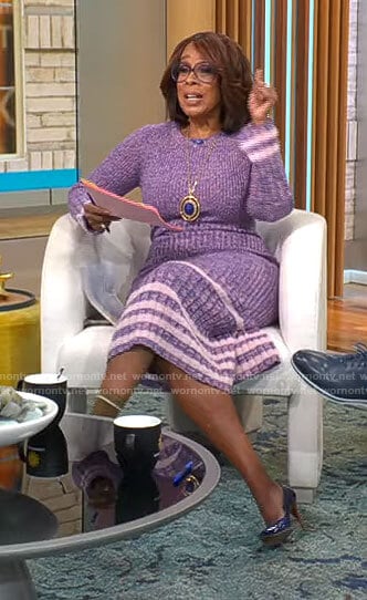 Gayle King’s purple striped sweater dress on CBS Mornings