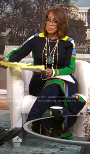 Gayle King’s navy striped sweater and skirt set on CBS Mornings