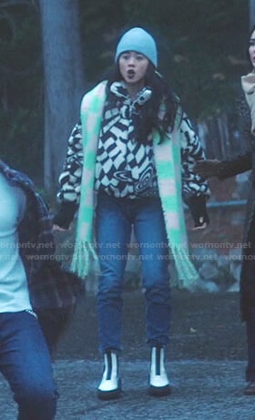 George’s black and white printed sherpa jacket and scarf on Nancy Drew