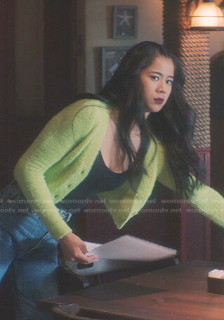 George’s green cropped fuzzy cardigan on Nancy Drew