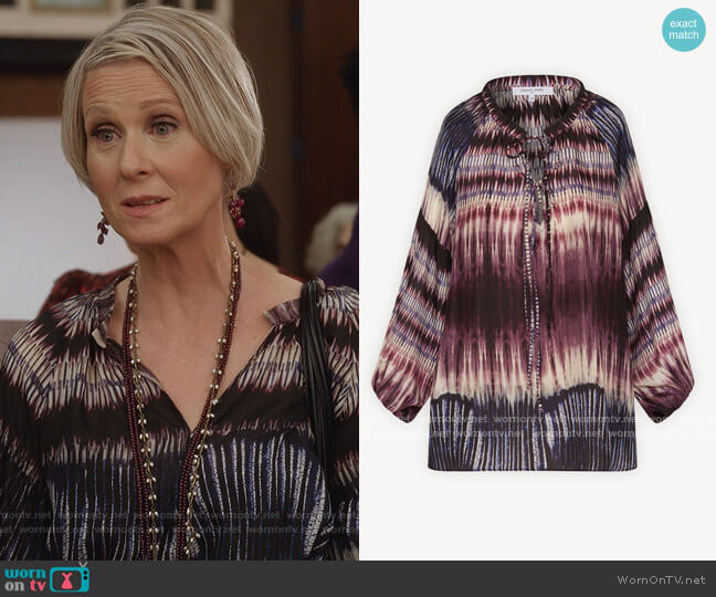 Gerard Darel Laisa Silk Tie Neck Blouse worn by Miranda Hobbs (Cynthia Nixon) on And Just Like That