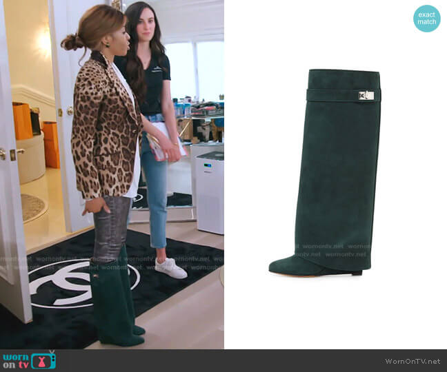 Givenchy Suede Shark-Lock Fold-Over Boot in Forest Green worn by Mary Cosby on The Real Housewives of Salt Lake City
