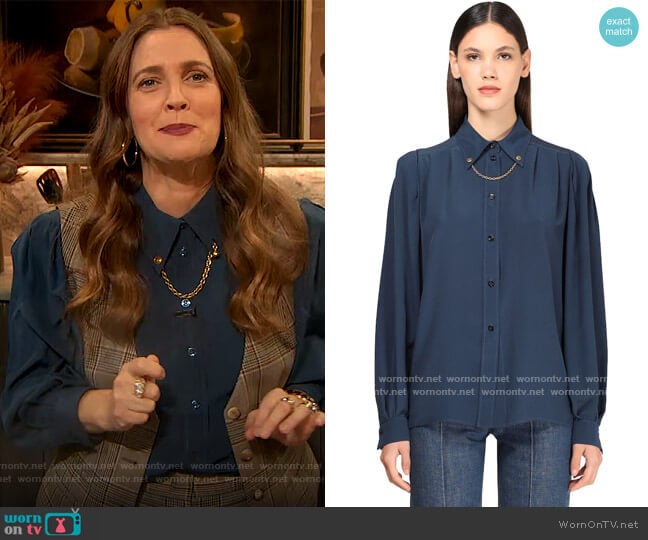 Givenchy Silk Crepe Shirt with Chain worn by Drew Barrymore on The Drew Barrymore Show