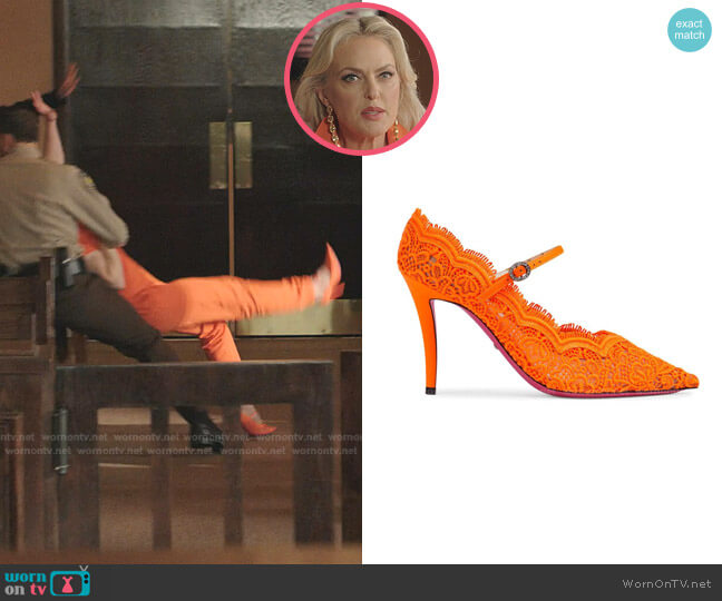 Gucci Orange Virginia 95 Lace Pumps worn by Alexis Carrington (Elaine Hendrix) on Dynasty