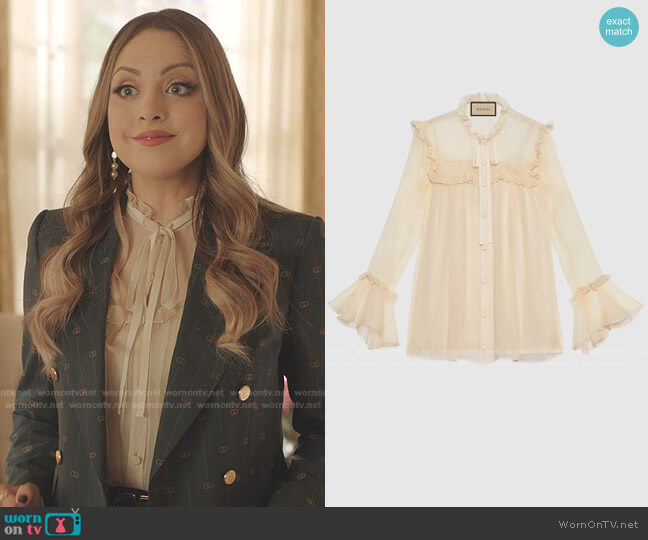 Gucci Silk Chiffon Ruffle Shirt worn by Fallon Carrington (Elizabeth Gillies) on Dynasty