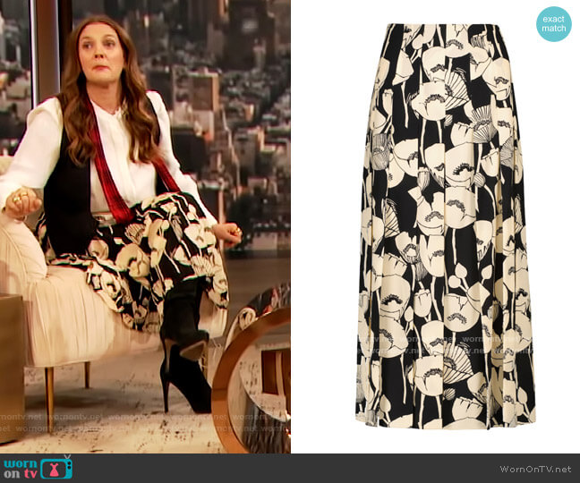 Gucci Poppy Print Midi Skirt worn by Drew Barrymore on The Drew Barrymore Show