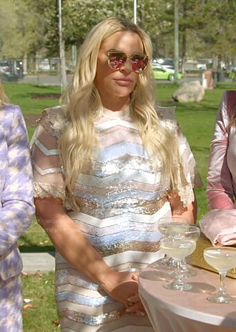 Heather’s sequin zig-zag stripe dress on The Real Housewives of Salt Lake City