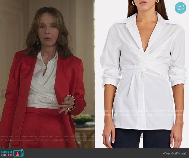 Helmut Lang Poplin Wrap Button-Up Shirt worn by Sylvie (Philippine Leroy-Beaulieu) on Emily in Paris