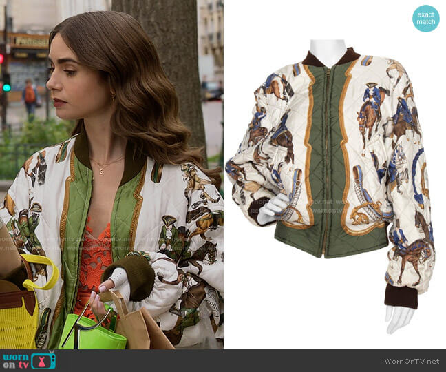 Hermes Vintage Reversible Silk Reprise Bomber Jacket worn by Emily Cooper (Lily Collins) on Emily in Paris