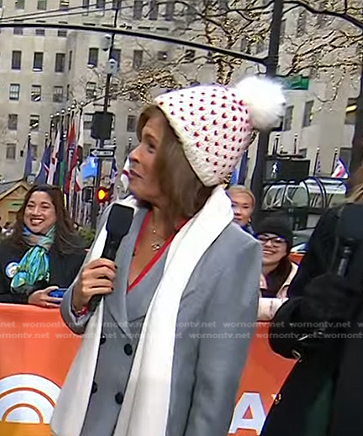 Hoda’s white heart knit pom pom beanie on Today