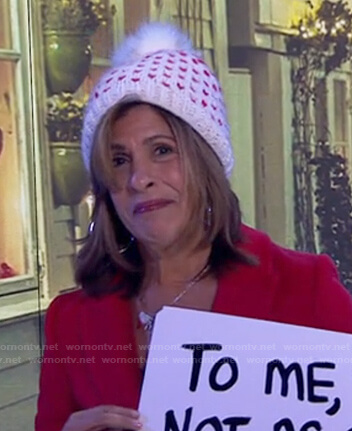 Hoda’s white heart knit pom pom beanie on Today
