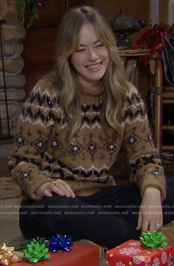 Hope’s tan fair isle sweater on The Bold and the Beautiful