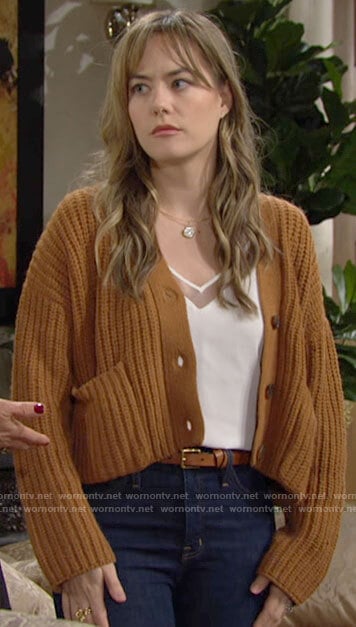 Hope’s white mesh trim cami and knit cardigan on The Bold and the Beautiful