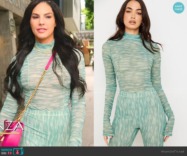 House of CB Eleanor Ivy Print Mesh Bodysuit worn by Amanza Smith on Selling Sunset