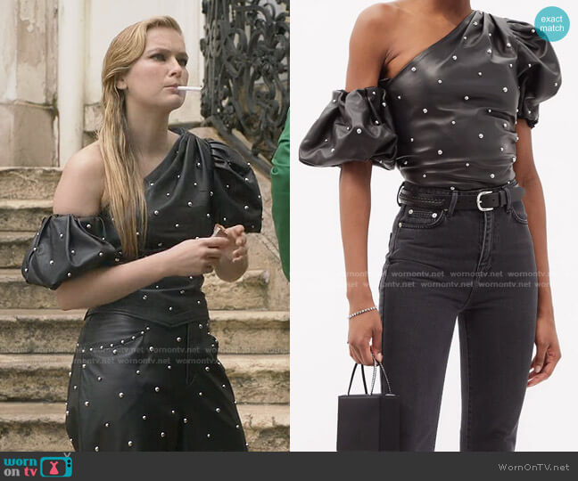 Isabel Marant Aniba Off-the-Shoulder Studded-Leather Top worn by Camille (Camille Razat) on Emily in Paris