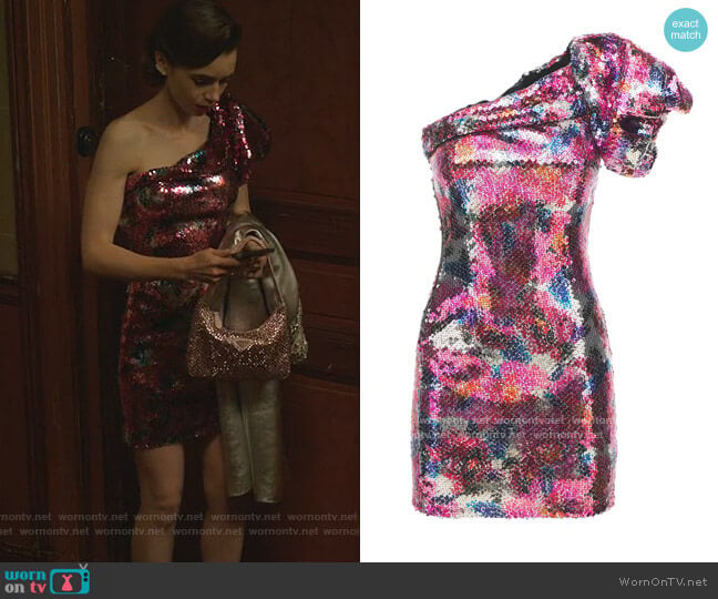 Isabel Marant Osira One Shoulder Sequined Mini Dress worn by Emily Cooper (Lily Collins) on Emily in Paris