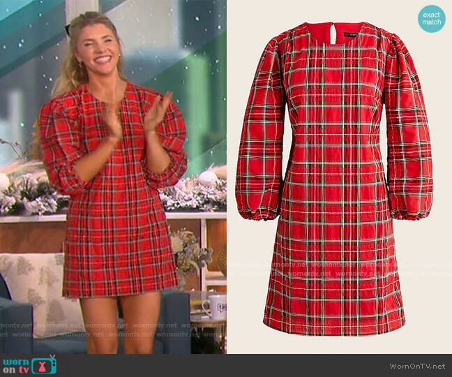 J. Crew Puff Sleeve Dress in Good Tidings Plaid worn by Amanda Kloots on The Talk