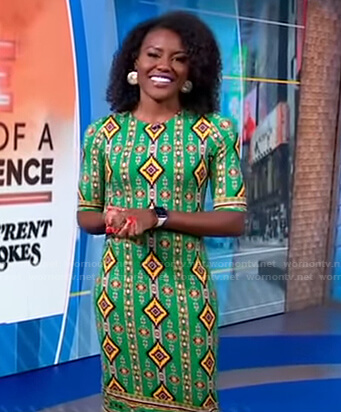 Janai’s green ikat print fitted dress on Good Morning America