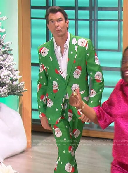 Jerry’s green Christmas Santa print suit on The Talk
