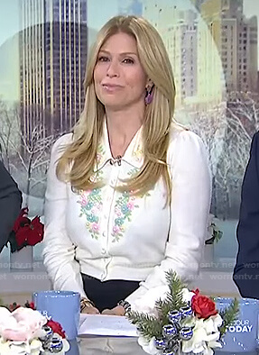 Jill’s white floral embroidered cardigan and bag on Today