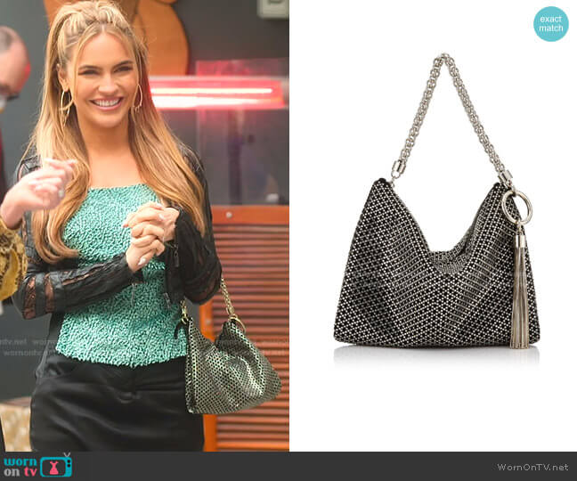 Jimmy Choo Callie Diamond Motif Crystal Hotfix Clutch worn by Chrishell Stause on Selling Sunset