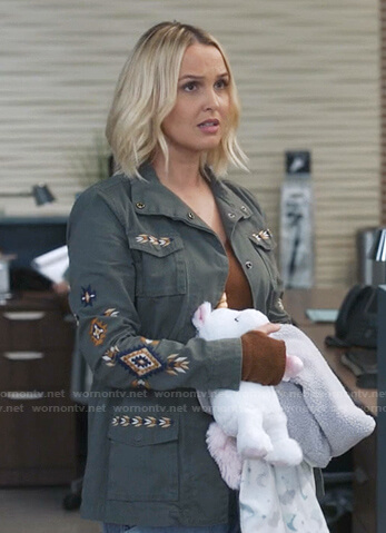 Jo’s green embroidered utility jacket on Greys Anatomy